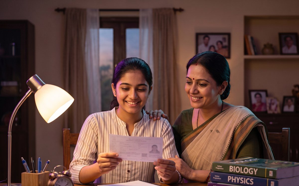 A mother and daughter with an exam admit card